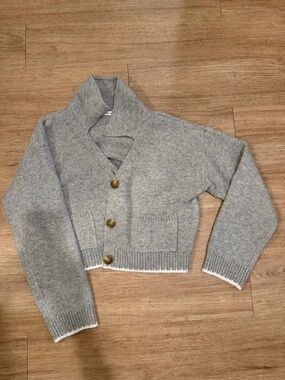 Cropped Shawl Collar Button-Front Sweater Jacket - Gray